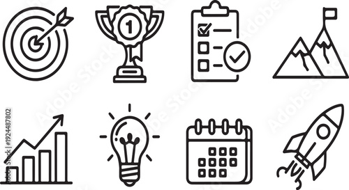 Icons representing business growth, achievement, and planning concepts. Vector