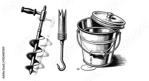 Vintage hand auger, grappling hook, and a leaky bucket with a lid, black and white illustration