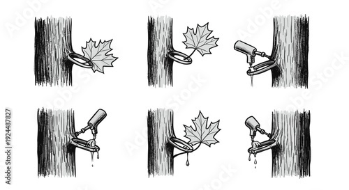 Maple tree tapping process illustration showing sap collection with a spout and bucket