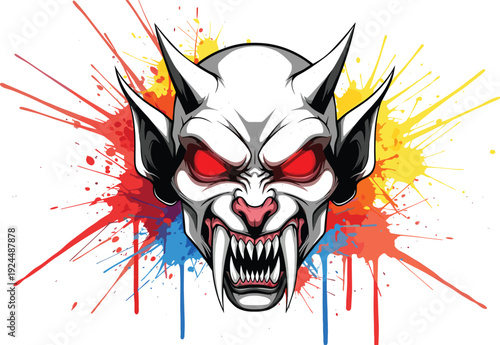 Aggressive demon head with sharp fangs and red eyes, gothic monster vector illustration, colorful paint splash background for streetwear design.