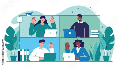 Diverse business team of four people waves hello during a video conference call displayed on a screen.