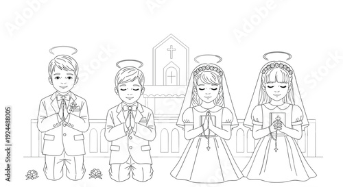Children in formal attire praying with halos, symbolizing innocence and faith before a church