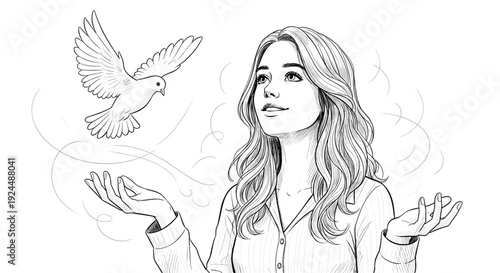 Young woman releasing a dove into the sky, symbolizing freedom and hope
