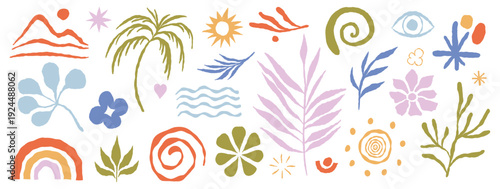 Vector logo and print design templates, summer palms, tropical hand drawn illustrations, surfing concepts, vacation and travel,  doodles and organic shapes and forms