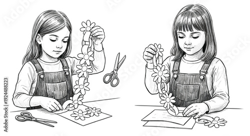 Two young girls creating paper flower garlands, engaged in a fun craft activity at home