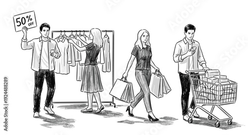 People shopping for clothes and groceries, one holding a 50% off sign