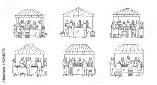 Diverse people interacting at outdoor market stalls, showcasing community and commerce