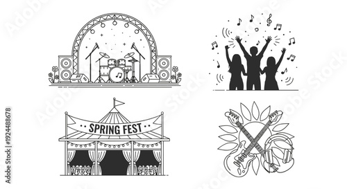 Collection of line art icons representing music festival elements and concert scenes