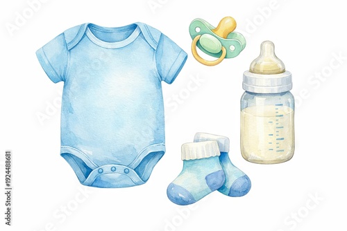 SET - Watercolor baby shower illustration featuring baby clothes, pacifier, and bottle for new parents. concept of baby celebration, newborn essentials, gift ideas, white background