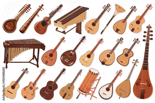 Diverse collection of traditional and modern stringed musical instruments