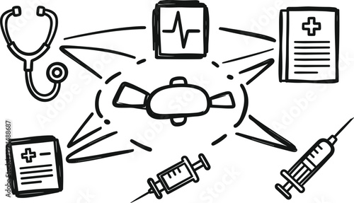 Medical icons surrounding a central capsule, illustrating healthcare and medicine from various viewpoints and aspects.