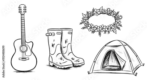 Acoustic guitar, muddy boots, floral wreath, and tent sketch for outdoor adventures