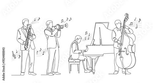 Minimalist line art of a jazz quartet performing with saxophone, trumpet, piano, and double bass