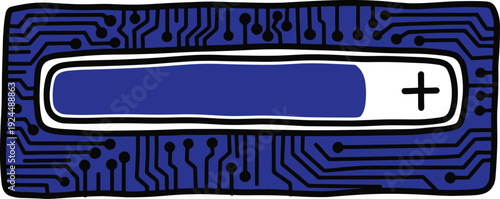 A progress bar with a plus sign on a blue circuit board background is viewed from directly above