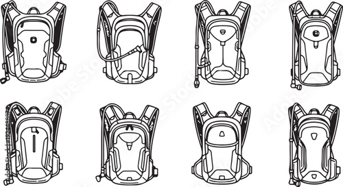 A collection of various backpack designs and styles illustrated in black and white Vector