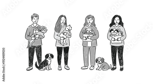 Diverse group of people holding and surrounded by various pets and flowers in a charming illustration
