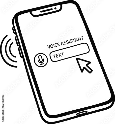 Smartphone illustration showing voice assistant interface with text input and cursor icon