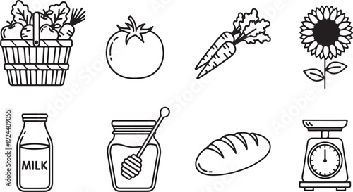 Assorted food items including milk, honey, bread, and fresh produce Vector