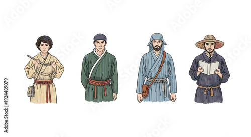 Four men in traditional East Asian attire, each with a distinct style and accessory
