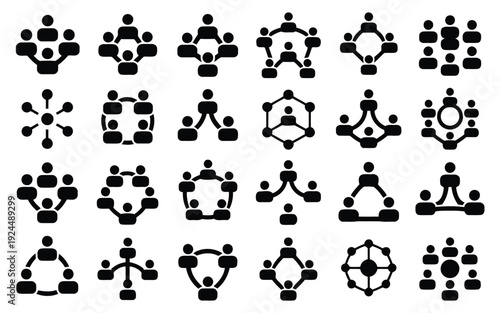 Collection of diverse abstract family and organizational structure icons in black and white