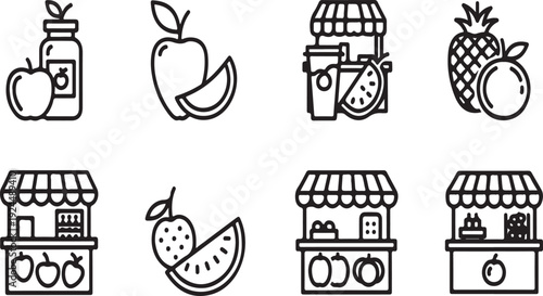 Variety of fruits and fruit stands in a playful illustration style Vector