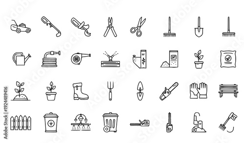 Landscaping Equipment and Garden Tools Thin Line Icon Set Pixel Perfect Editable Vector
