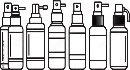 Assorted spray bottles with different designs and patterns lined up in a row Vector