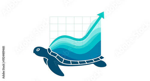 A turtle pulls a rising graph with an arrow pointing upwards, symbolizing wildlife conservation and climate change data in a corporate setting with blue tones