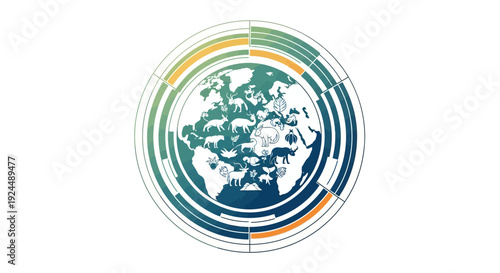 A vector illustration of a world map in a circular design with colorful concentric rings on a white background conveying environmental data and global conservation statistics
