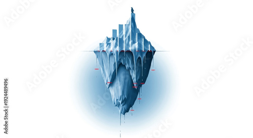 Infographic illustration of melting iceberg with bar chart and statistical data on climate change and endangered species on a white background with a blue gradient