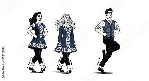 Traditional Irish dancers in ornate costumes performing a lively jig on a white background