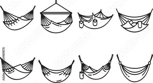 A collection of eight different types of hammocks with various designs and shapes. Vector