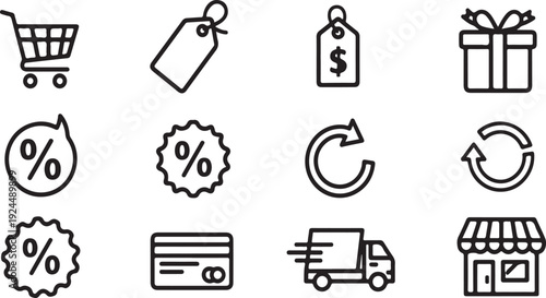 A collection of icons representing various aspects of commerce and shopping. Vector