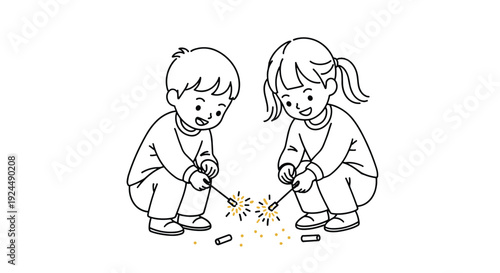 Two children happily squatting and playing with sparklers on a white background