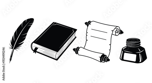 Collection of writing tools: quill, book, scroll, and inkwell on a white background