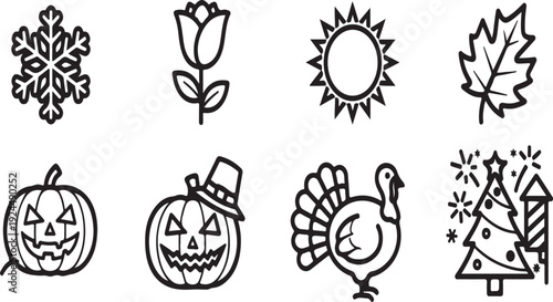 Illustrations of seasonal icons representing spring, summer, autumn, and winter Vector