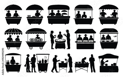Diverse street food vendors and market scenes in black and white silhouettes
