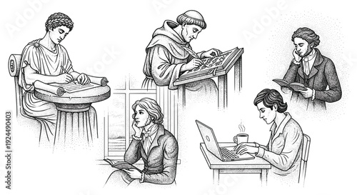 Diverse historical and modern figures engaged in writing, reading, and learning across eras