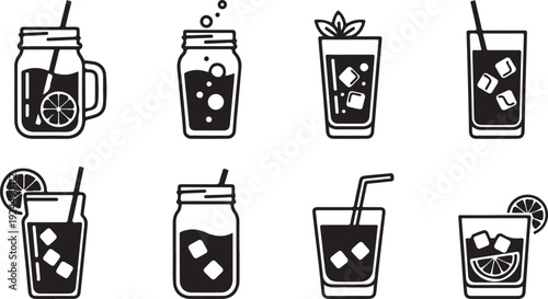 A collection of eight illustrated glasses of iced beverages with various garnishes and expressions. Vector