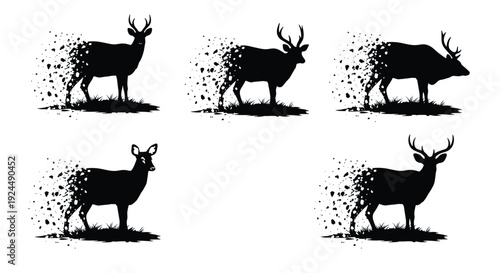 Collection of black deer silhouettes dissolving into particles on white background