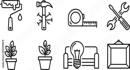 Assorted icons representing home improvement, gardening, and furniture. Vector