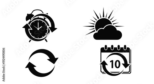 Set of four icons representing time, weather, and calendar with refresh symbols