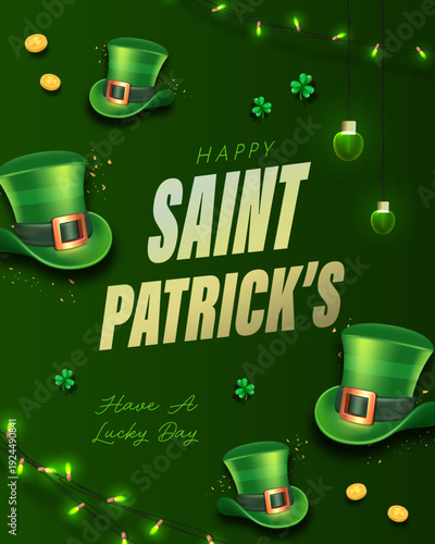 St Patrick’s Day bold typography poster with leprechaun hats and glowing green background with string lights and clover leaf