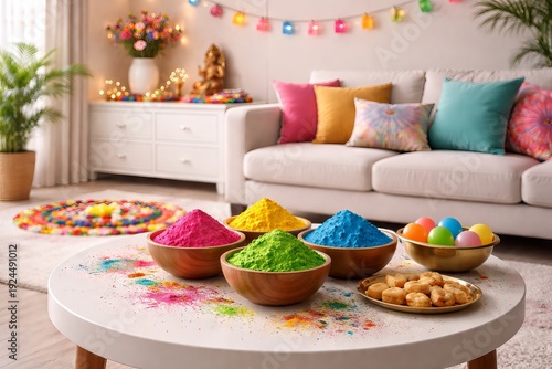 Vibrant Holi celebration setup with bowls of colorful powder, sweets, and decorations in a bright living room for festival greeting card