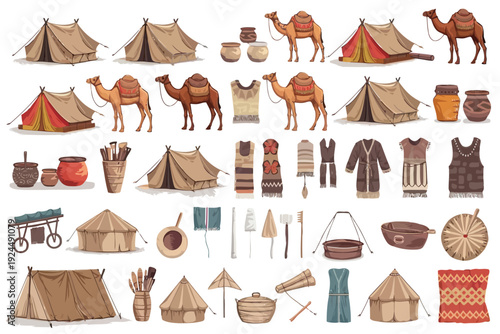 Assorted vintage desert camping and nomadic lifestyle illustrations
