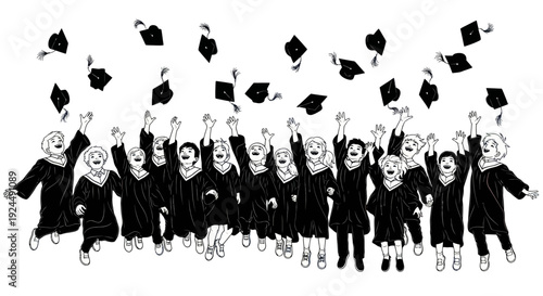 Graduation celebration: Diverse students in caps and gowns throwing hats in the air