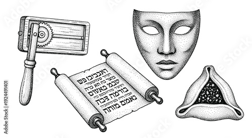 Purim symbols: gragger, scroll, mask, and hamantaschen cookie illustration
