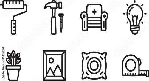 Assorted icons representing various tools, objects, and concepts. Vector