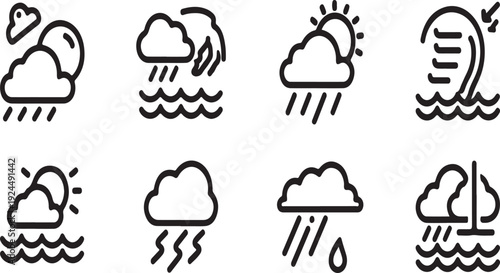 Weather icons depicting various atmospheric conditions and natural phenomena Vector