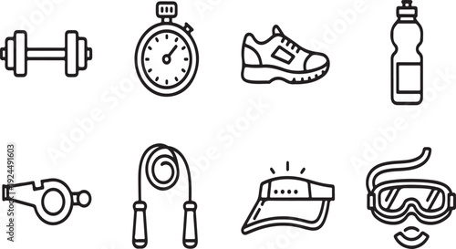 A collection of icons representing various sports and fitness equipment. Vector